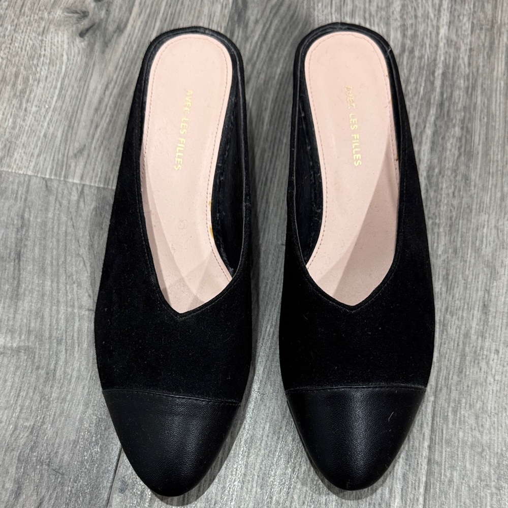 Avec Les Filles Black Mules Elegant Velvet and Leather